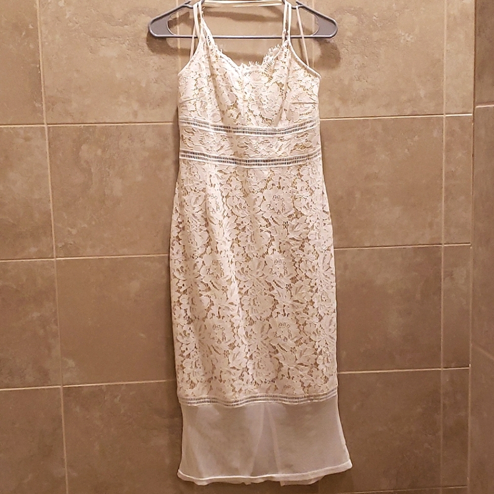 White lace dress, midi, size 10, criss cross strap
